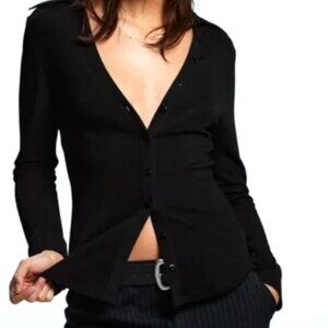Zara Solid Black Cardigan V-Neck Black Button Long Sleeve Size Large NWOT